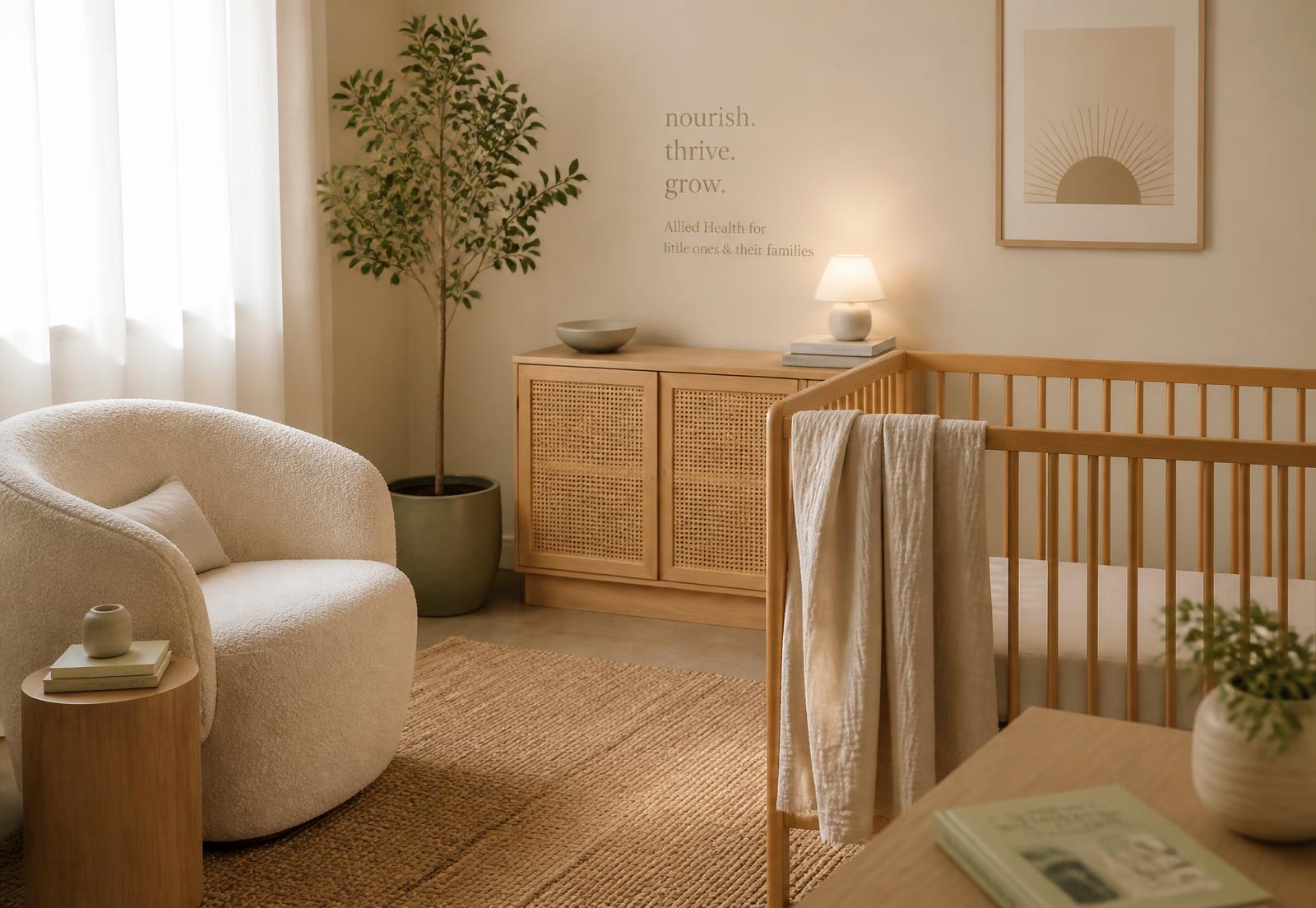 Calm, softly lit consulting room with a cot, linen wrap and armchair